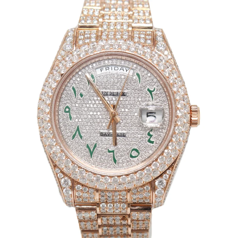 The Biggest Jewelry Sale Of The Year Is Here Rolex Men's Day-Date Rose Gold Fully Iced Out Pave Set Diamond Dial w/ Arabic Hour Markers Reference# 218235