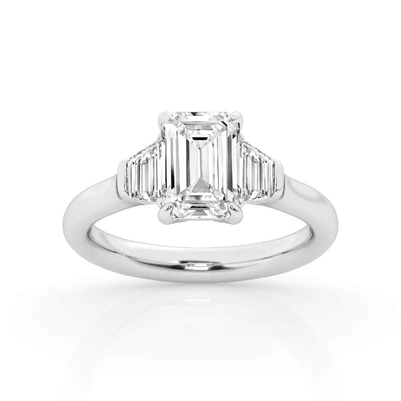 Fashion-Forward Jewelry At Incredible Prices 3 stone Ring with Center Emerald Lab Diamond with Trapezoids by Mercury Rings Fashion-Forward Jewelry At Incredible Prices 3 stone Ring with Center Emerald Lab Diamond with Trapezoids by Mercury Rings