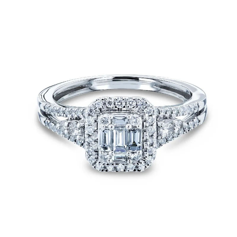 High-Quality Jewelry At A Fraction Of The Cost Diamond Baguette and Round Cluster Halo Split Shank Ring High-Quality Jewelry At A Fraction Of The Cost Diamond Baguette and Round Cluster Halo Split Shank Ring