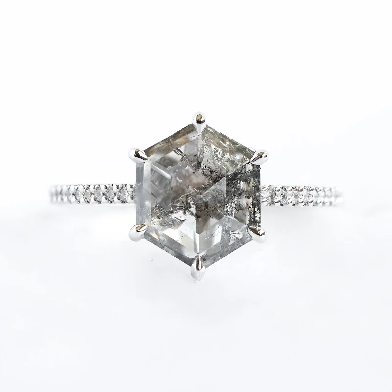 Chic, Trendy, And Affordable Jewelry Sale Hexagon Salt And Pepper Diamond Ring With Pave Diamond Band Chic, Trendy, And Affordable Jewelry Sale Hexagon Salt And Pepper Diamond Ring With Pave Diamond Band