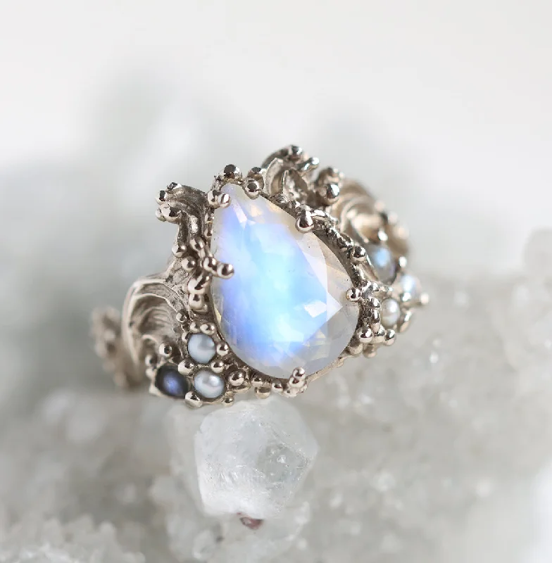 Gorgeous Jewelry, Limited-Time Savings Pear Moonstone Ring, Floral Vintage Style Moonstone Engagement Ring With Pearls Gorgeous Jewelry, Limited-Time Savings Pear Moonstone Ring, Floral Vintage Style Moonstone Engagement Ring With Pearls