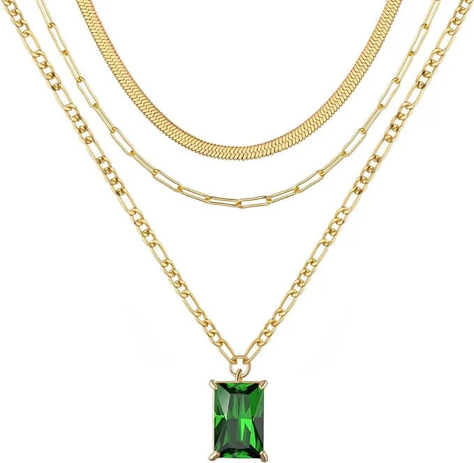 Customized Silver Jewelry For Unique Style 18K Gold Multi Layer Emerald cut Green Necklace Customized Silver Jewelry For Unique Style 18K Gold Multi Layer Emerald cut Green Necklace
