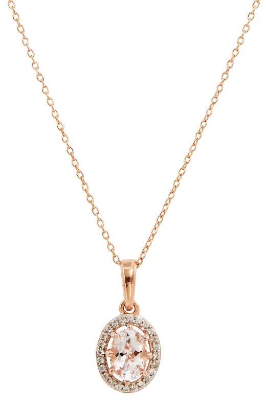 Dainty Floral Jewelry For Feminine Elegance 18K Rose Gold over Sterling Silver Genuine Morganite & Natural White Zircon Halo Pendant Necklace Dainty Floral Jewelry For Feminine Elegance 18K Rose Gold over Sterling Silver Genuine Morganite & Natural White Zircon Halo Pendant Necklace