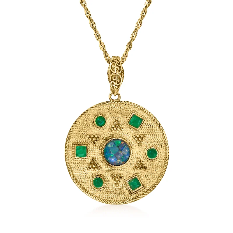 Shop Trending Jewelry With Exclusive Savings Ross-Simons Black Opal and Green Agate Sun Medallion Pendant Necklace in 18kt Gold Over Sterling Shop Trending Jewelry With Exclusive Savings Ross-Simons Black Opal and Green Agate Sun Medallion Pendant Necklace in 18kt Gold Over Sterling