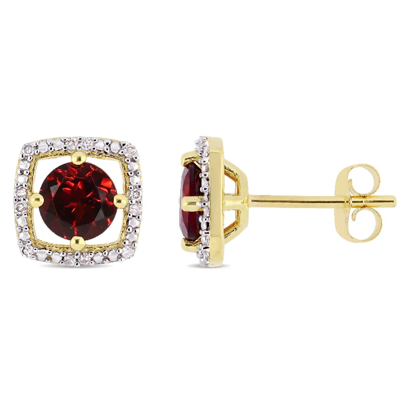Chic And Stylish Jewelry At Exclusive Prices 1 1/5 CT TGW Garnet and Diamond Halo Square Stud Earrings in 10k Yellow Gold Chic And Stylish Jewelry At Exclusive Prices 1 1/5 CT TGW Garnet and Diamond Halo Square Stud Earrings in 10k Yellow Gold