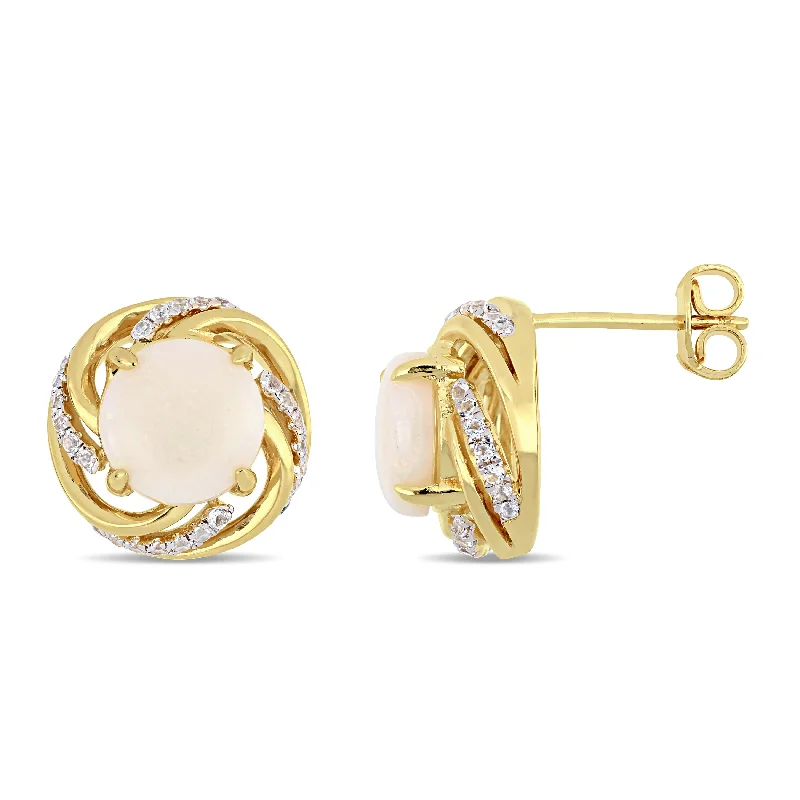 Jewelry Clearance Sale – Final Reductions 2 3/4 CT TGW Opal White Topaz Interlaced Swirl Halo Stud Earrings in Yellow Plated Sterling Silver Jewelry Clearance Sale – Final Reductions 2 3/4 CT TGW Opal White Topaz Interlaced Swirl Halo Stud Earrings in Yellow Plated Sterling Silver