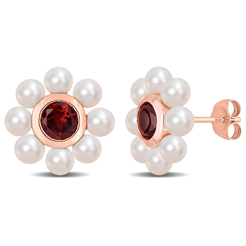 Shop Fine Jewelry With Exclusive Savings 3.5-4mm Freshwater Cultured Pearl and 1 1/5 CT TGW Garnet Floral Stud Earrings in 10k Rose Gold