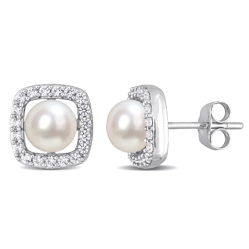 Personalized Engraved Jewelry For Meaningful Gifts Mimi & Max 6-6.5mm Cultured Freshwater Pearl and 3/8 ct TGW Created White Sapphire Halo Stud Earrings in 10k White Gold Personalized Engraved Jewelry For Meaningful Gifts Mimi & Max 6-6.5mm Cultured Freshwater Pearl and 3/8 ct TGW Created White Sapphire Halo Stud Earrings in 10k White Gold