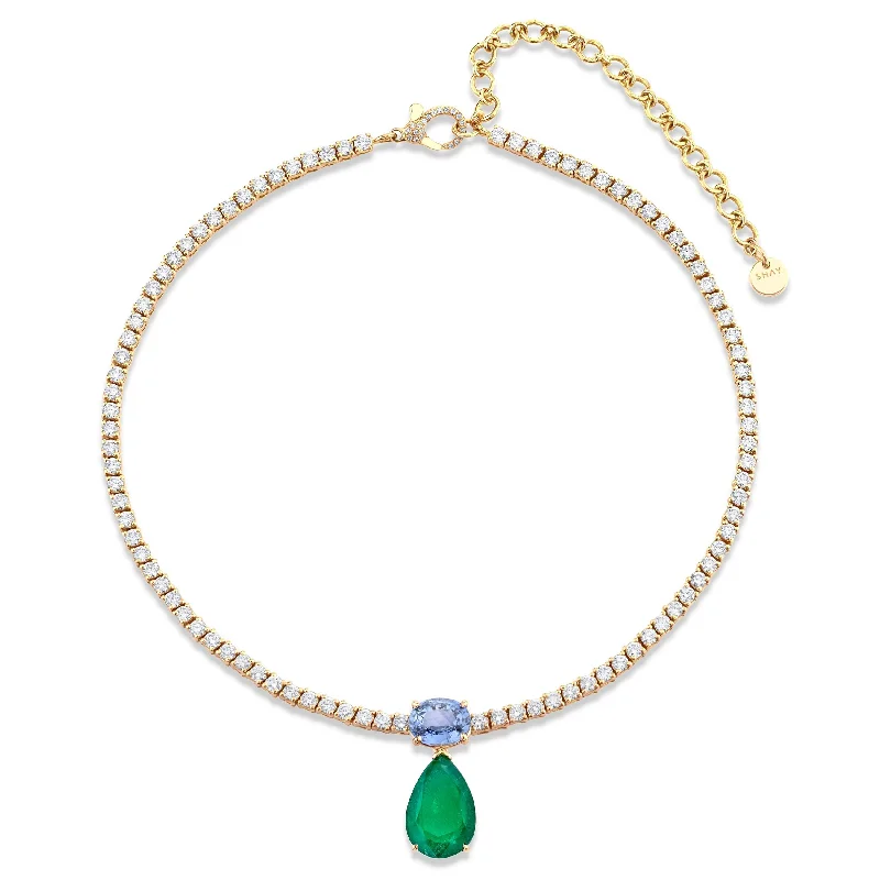 Discounted Luxury Jewelry – Shine Without The Splurge DIAMOND TENNIS NECKLACE WITH EMERALD & BLUE SAPPHIRE DROP