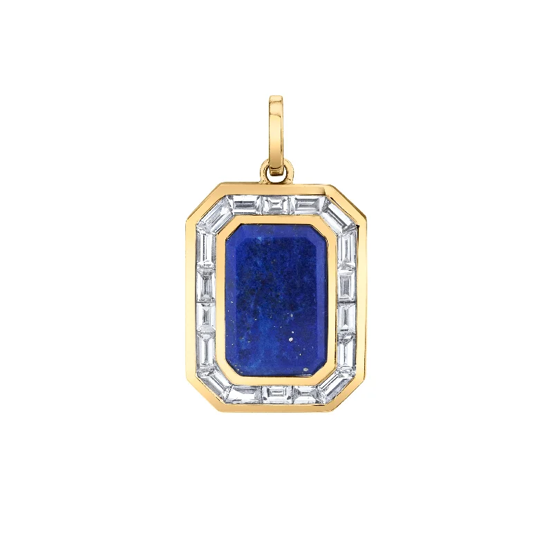 Luxury Jewelry At Unbeatable Discounts LAPIS NAMEPLATE PENDANT W/ BAGUETTE DIAMOND BORDER