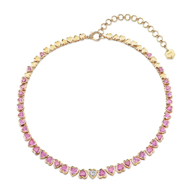 Exclusive Online Discounts On Stylish Jewelry PINK SAPPHIRE & DIAMOND HEART BEZEL TENNIS NECKLACE Exclusive Online Discounts On Stylish Jewelry PINK SAPPHIRE & DIAMOND HEART BEZEL TENNIS NECKLACE