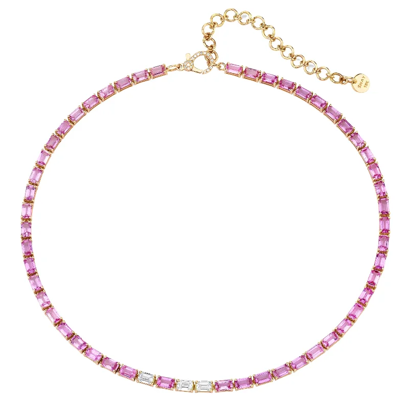 Affordable Glamour – Premium Jewelry For Less PINK SAPPHIRE & DIAMOND TENNIS NECKLACE