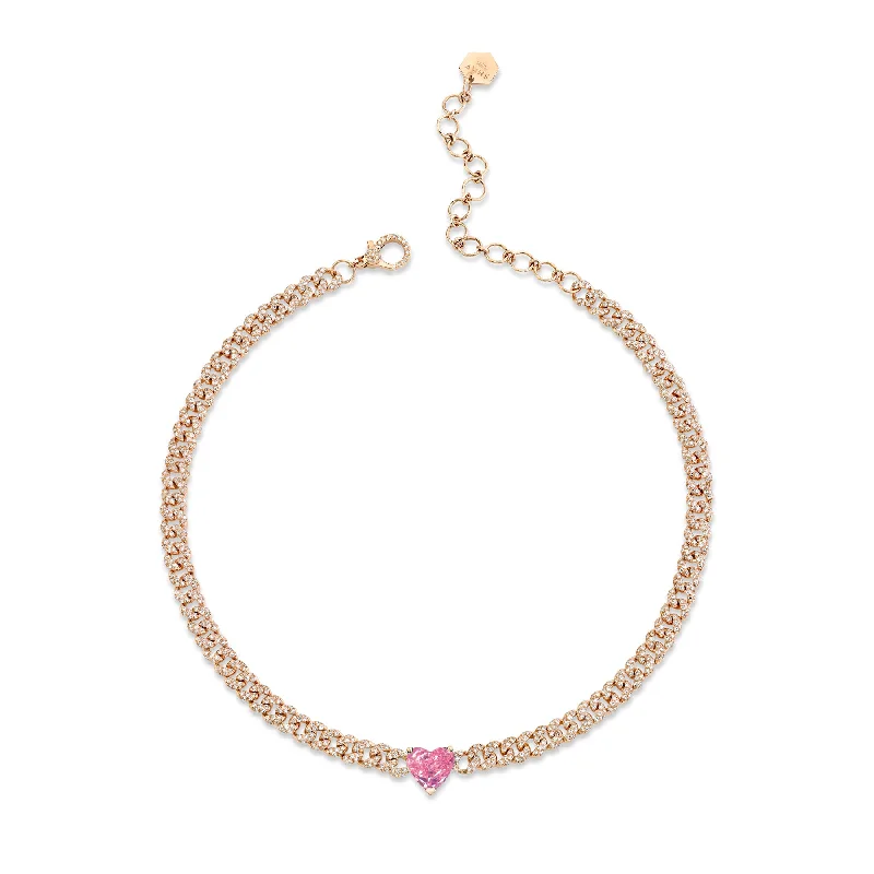 Fashion-Forward Geometric Jewelry For Contemporary Style PINK SAPPHIRE HEART MINI PAVE LINK NECKLACE Fashion-Forward Geometric Jewelry For Contemporary Style PINK SAPPHIRE HEART MINI PAVE LINK NECKLACE
