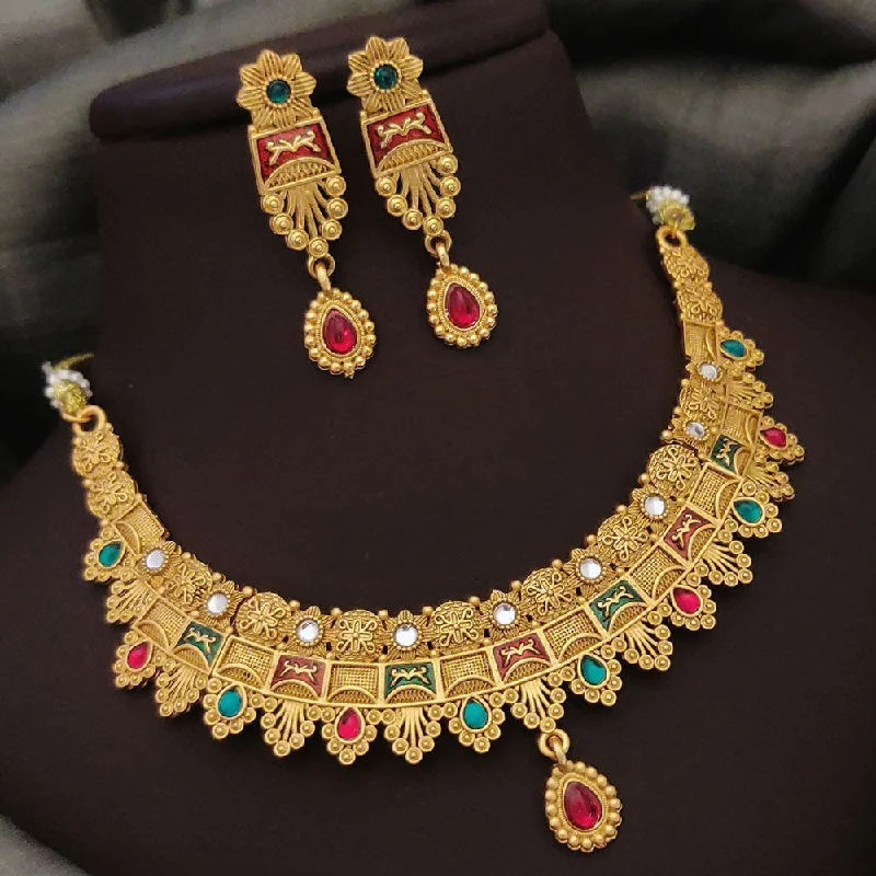 Dainty Floral Jewelry For Feminine Elegance FS Collection Gold Plated Pota Stone And Meenakari Necklace Set Dainty Floral Jewelry For Feminine Elegance FS Collection Gold Plated Pota Stone And Meenakari Necklace Set