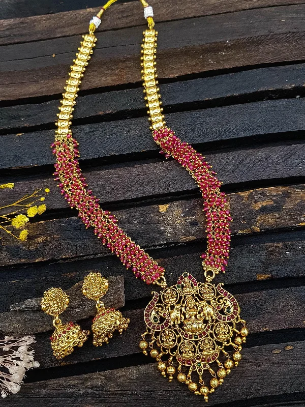 Discounted Jewelry For A Glamorous Look Premium Gold Plated Long Temple design Necklace set Discounted Jewelry For A Glamorous Look Premium Gold Plated Long Temple design Necklace set