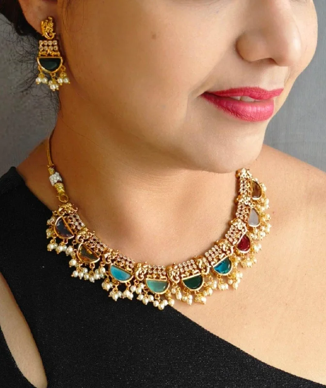 Modern Jewelry At Exclusive Discounts – Shop Today Premium Gold Plated Navaratna Stone Necklace set Modern Jewelry At Exclusive Discounts – Shop Today Premium Gold Plated Navaratna Stone Necklace set
