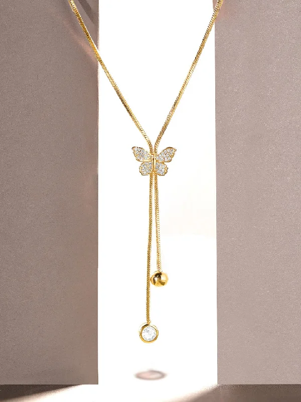 Exclusive Jewelry Sale – Shine For Less Rubans 18K Gold Plated, Minimal Chain Butterfly Motif Zircons Studded Drop Pendant Necklace. Exclusive Jewelry Sale – Shine For Less Rubans 18K Gold Plated, Minimal Chain Butterfly Motif Zircons Studded Drop Pendant Necklace.