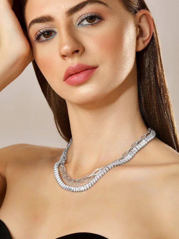 Discounted Jewelry For A Glamorous Look Rubans Voguish Silver Toned With Baguette And Round Zircon Stones Studded Layered Necklace. Discounted Jewelry For A Glamorous Look Rubans Voguish Silver Toned With Baguette And Round Zircon Stones Studded Layered Necklace.