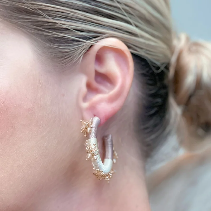 Premium Diamond Jewelry For Unforgettable Moments Beaded Floral Embellished Hoop Earrings - Gold