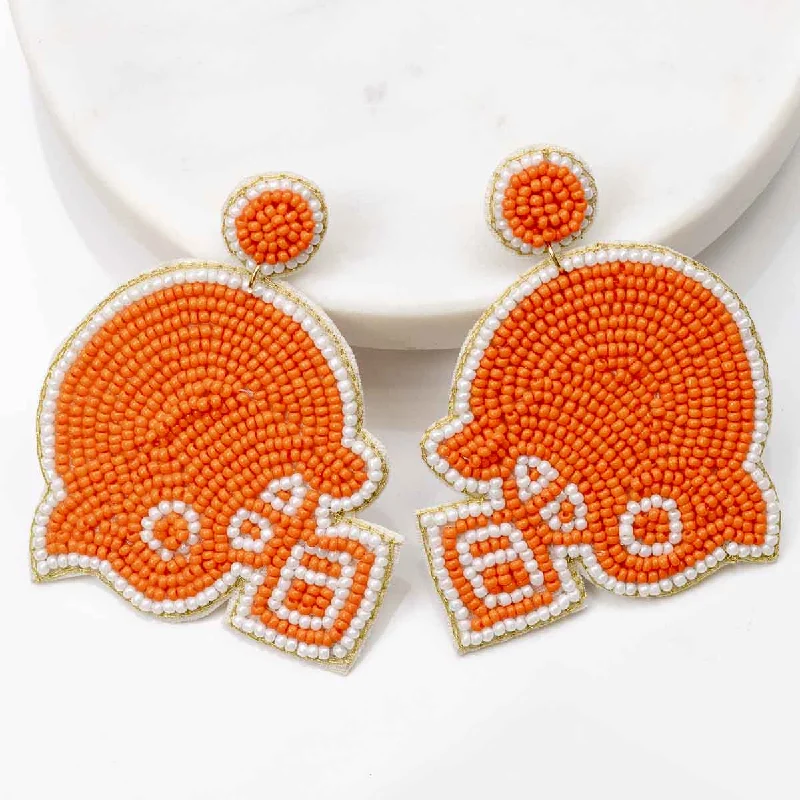 Personalized Jewelry At Special Discount Rates Football Helmet Beaded Earrings Orange/White 2.5" Personalized Jewelry At Special Discount Rates Football Helmet Beaded Earrings Orange/White 2.5"