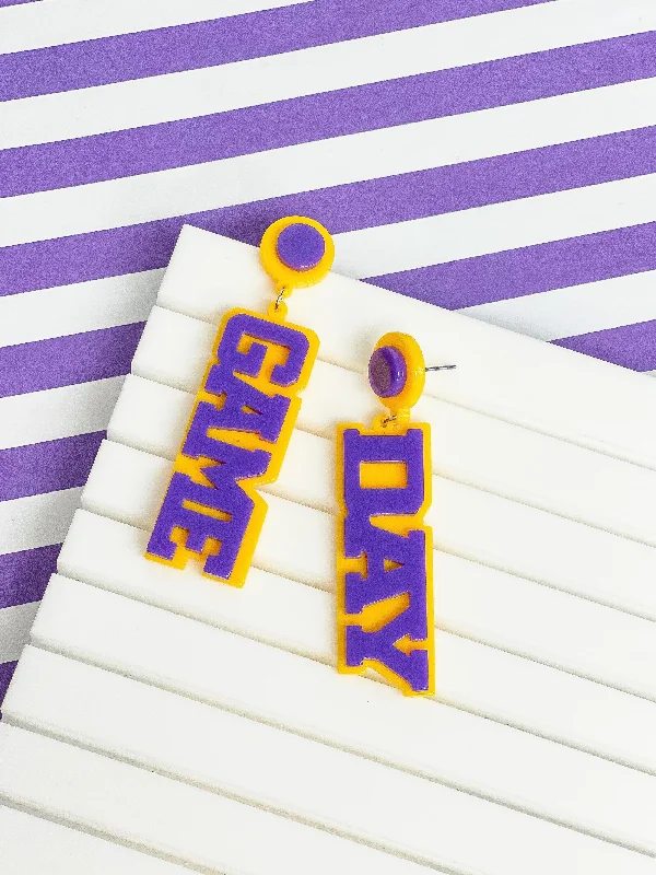 Discounted Luxury Jewelry – Shine Without The Splurge 'Game Day' Statement Dangle Earrings - Yellow & Purple Discounted Luxury Jewelry – Shine Without The Splurge 'Game Day' Statement Dangle Earrings - Yellow & Purple