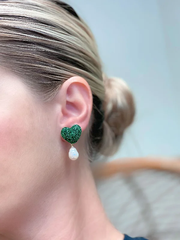 Exclusive Jewelry Sale – Shine For Less Glitter Heart Pearl Drop Earrings - Green