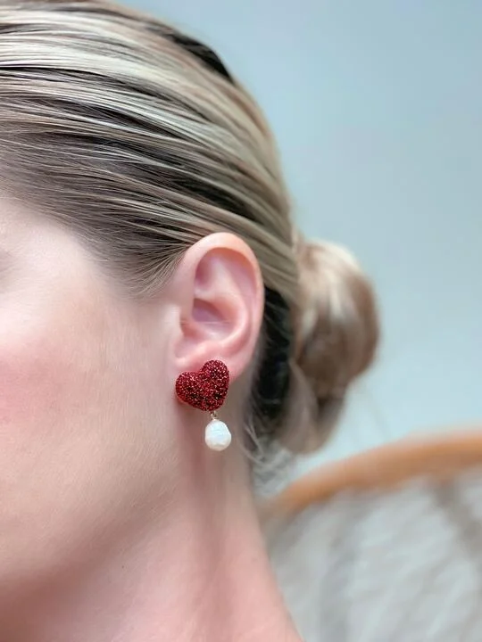 Shop Stylish Jewelry Now And Save Big Glitter Heart Pearl Drop Earrings - Red