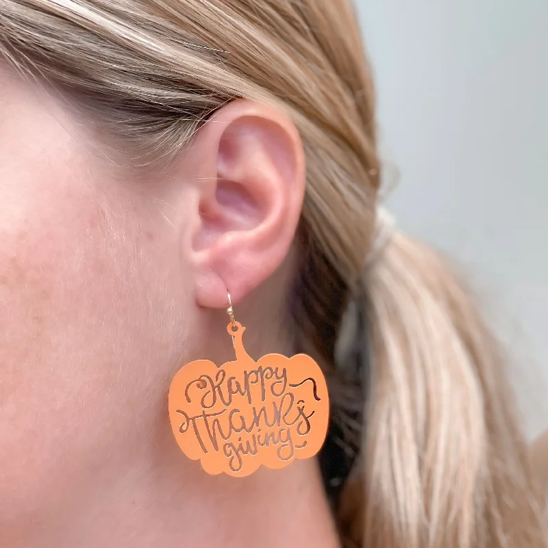 Affordable Luxury Jewelry For Every Occasion 'Happy Thanksgiving' Pumpkin Cutout Dangle Earrings Affordable Luxury Jewelry For Every Occasion 'Happy Thanksgiving' Pumpkin Cutout Dangle Earrings