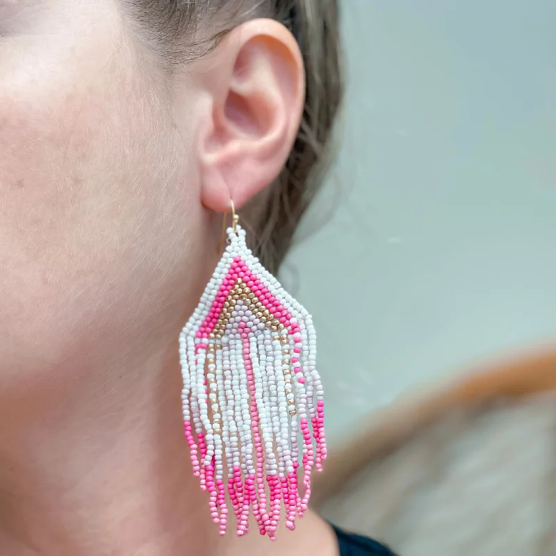 Affordable Gold-Plated Jewelry For Modern Fashion Pink, White & Gold Fringe Seed Bead Dangle Earrings Affordable Gold-Plated Jewelry For Modern Fashion Pink, White & Gold Fringe Seed Bead Dangle Earrings