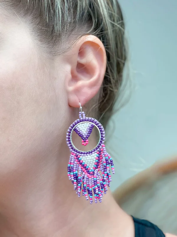 Delicate Crystal Jewelry For Sophisticated Charm Purple Dreamcatcher Fringe Seed Bead Dangle Earrings Delicate Crystal Jewelry For Sophisticated Charm Purple Dreamcatcher Fringe Seed Bead Dangle Earrings