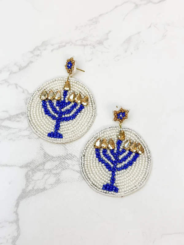 Elevate Your Outfit With Discounted Statement Jewelry Round Menorah Beaded Dangle Earrings Elevate Your Outfit With Discounted Statement Jewelry Round Menorah Beaded Dangle Earrings