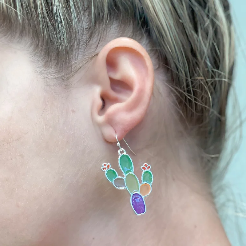 Waterproof Stainless Steel Jewelry For Lasting Beauty Western Stained Glass Cactus Dangle Earrings Waterproof Stainless Steel Jewelry For Lasting Beauty Western Stained Glass Cactus Dangle Earrings