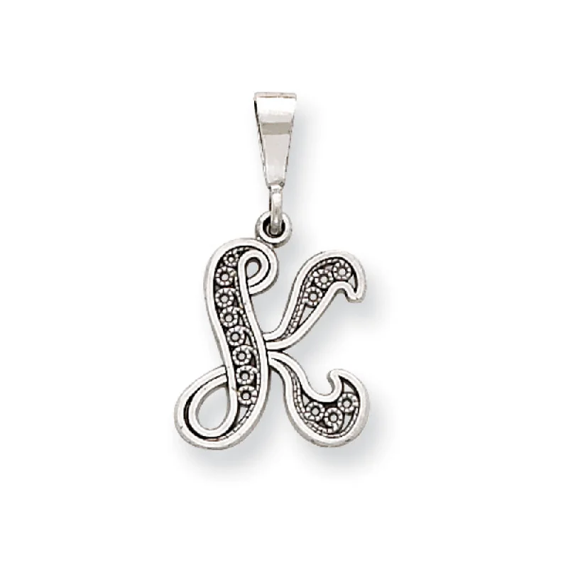 Premium Jewelry Now Available At Special Discounts 14k White Gold, Maci Collection, Filigree Script Initial K Pendant Premium Jewelry Now Available At Special Discounts 14k White Gold, Maci Collection, Filigree Script Initial K Pendant