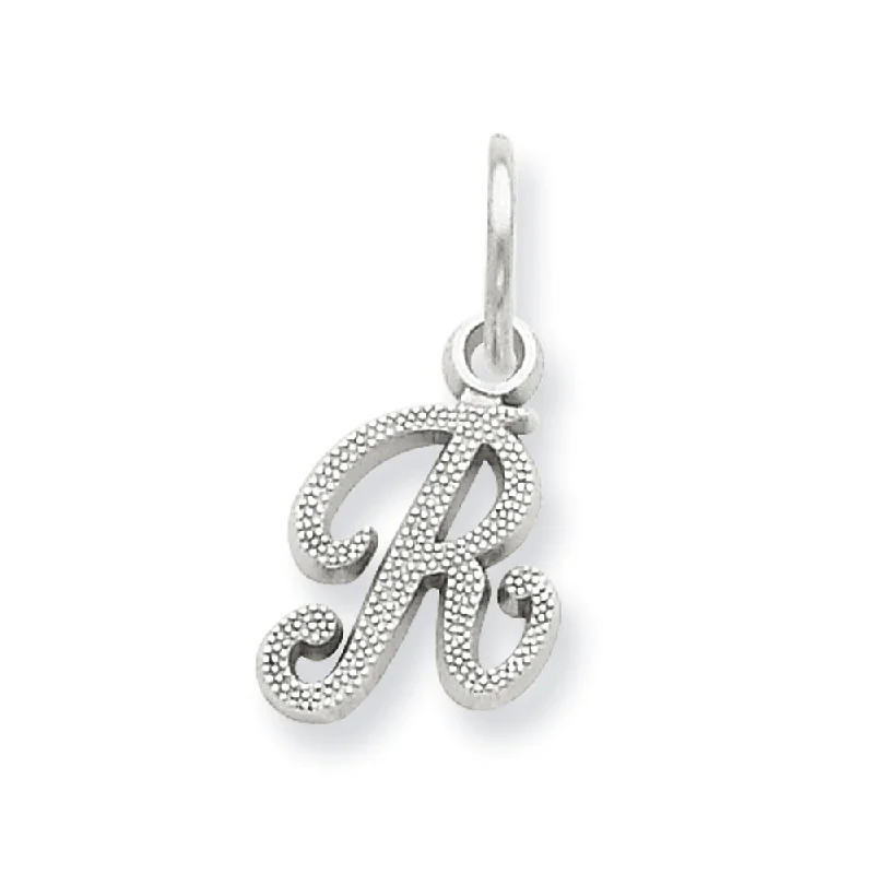 Shop Handcrafted Jewelry At Special Promotional Rates 14k White Gold, Sadie Collection, Mini Satin Script Initial R Charm Shop Handcrafted Jewelry At Special Promotional Rates 14k White Gold, Sadie Collection, Mini Satin Script Initial R Charm