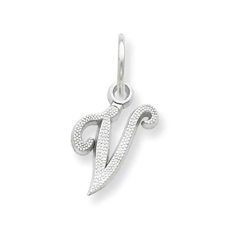 Premium Jewelry At Special Low Prices For A Limited Time 14k White Gold, Sadie Collection, Mini Satin Script Initial V Charm Premium Jewelry At Special Low Prices For A Limited Time 14k White Gold, Sadie Collection, Mini Satin Script Initial V Charm