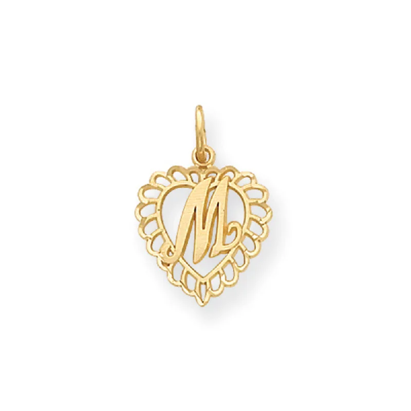 Luxury Handcrafted Jewelry For Elegant Looks 14k Yellow Gold, Grace Collection, Satin Heart Initial M Pendant, 15mm Luxury Handcrafted Jewelry For Elegant Looks 14k Yellow Gold, Grace Collection, Satin Heart Initial M Pendant, 15mm