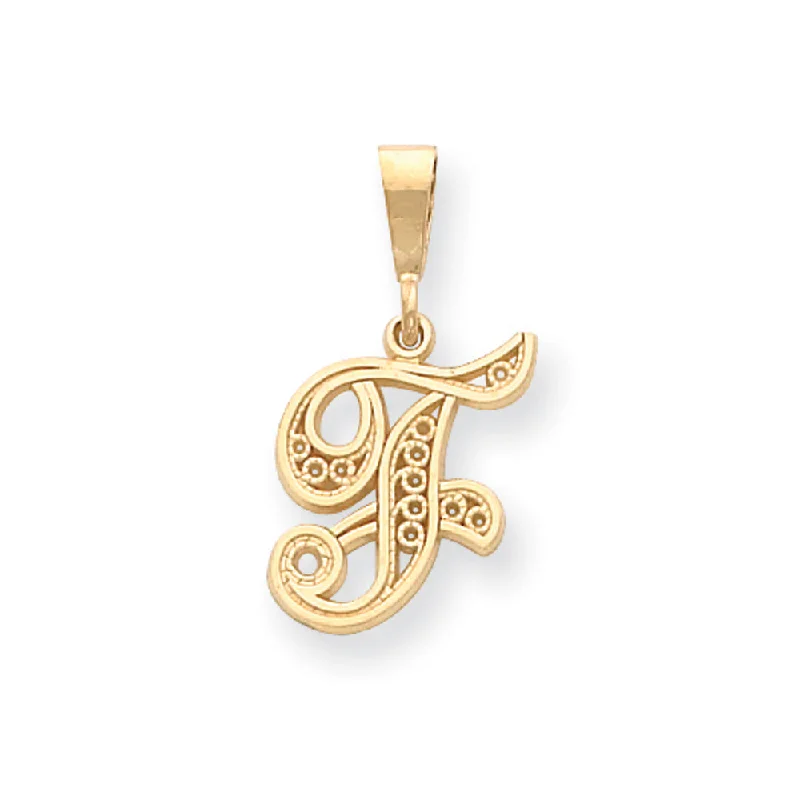 Timeless Elegance, Temporary Discounts – Act Fast 14k Yellow Gold, Maci Collection, LG Filigree Script Initial F Pendant Timeless Elegance, Temporary Discounts – Act Fast 14k Yellow Gold, Maci Collection, LG Filigree Script Initial F Pendant