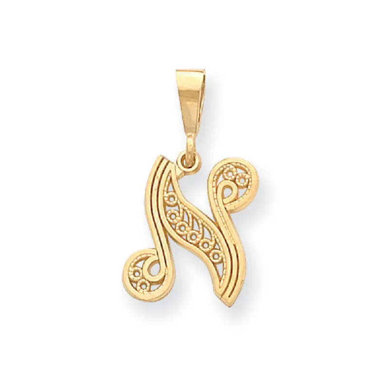 Dainty And Elegant Jewelry Now At Reduced Prices 14k Yellow Gold, Maci Collection, LG Filigree Script Initial N Pendant