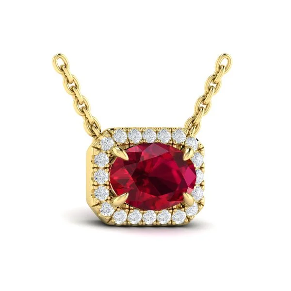 Discounted Luxury Jewelry – Shine Without The Splurge Ruby & Diamond Horizontal Halo Necklace in 14K Yellow Gold