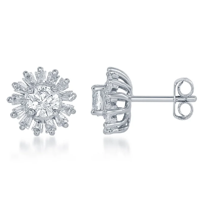Shop Jewelry That Shines Without The High Price Silver Round CZ and Baguette Earrings Shop Jewelry That Shines Without The High Price Silver Round CZ and Baguette Earrings